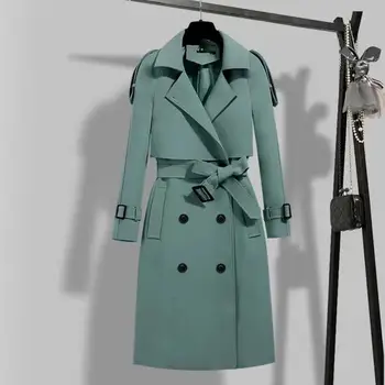 Женское пальто Осень-зима с поясом и отложным воротником, Элегантное однотонное, с двумя карманами, с длинными рукавами, плотное, теплое, средней длины, для офисных леди.