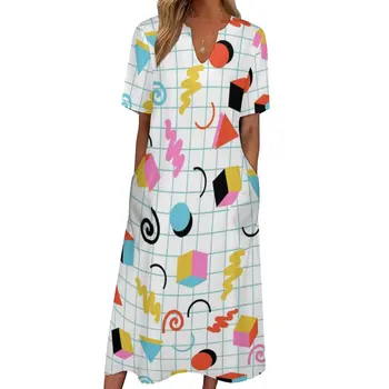 Платье 80-х с рисунком из Мемфиса, летние ретро-минималистичные геометрические модные длинные платья в богемном стиле, Женское графическое модное платье Макси большого размера