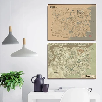 Карта континента Хайлару в разные периоды Плакат классической видеоигры Картина на холсте Настенное искусство Домашний декор Подарок игроку