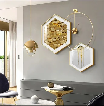 Декоративная роспись в столовой, комбинированная подвесная картина в виде шестиугольника, Картина на кухонном обеденном столе с часами, высококачественная фреска