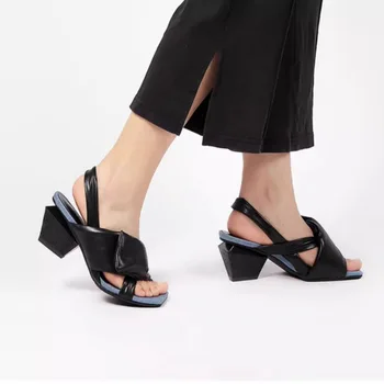 Подиумное шоу Phoentin Элегантные дизайнерские босоножки с перекрестной резинкой и открытым носком на нерегулярном каблуке высотой 6 см, летняя уютная женская обувь большого размера FT2576