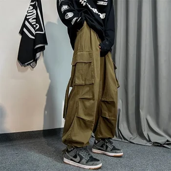 Однотонные мужские брюки-карго, брюки-карго оверсайз, мужская свободная повседневная японская уличная одежда с карманом в стиле хип-хоп, большой размер E63