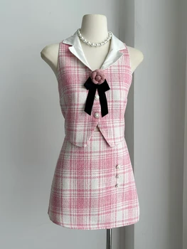 Модный Французский комплект из двух предметов с небольшим ароматом, женский жилет, укороченный топ + мини-юбка, Корейские милые летние костюмы из 2 предметов