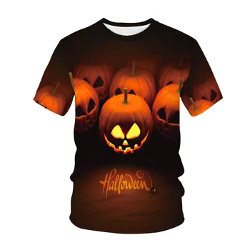 Летняя модная футболка оверсайз с короткими рукавами и 3D принтом тыквенной гримасы на Хэллоуин для мужчин и женщин
