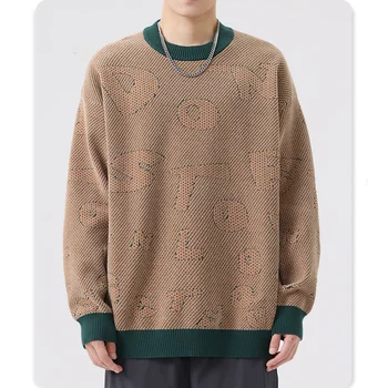 Осенний мужской свободный пуловер с круглым вырезом, топ, свитер с цветными буквами, свитер