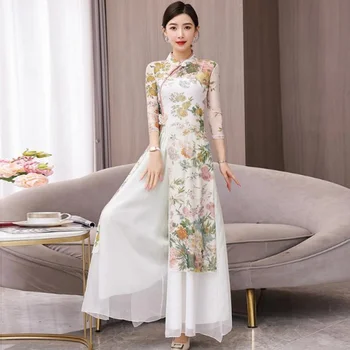 2023 китайское винтажное танцевальное платье, шифоновое платье с национальным цветочным принтом, комплект брюк, восточное сценическое представление, практика танца ципао