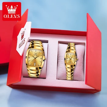 Часы для пары OLEVS, роскошные золотые оригинальные наручные часы, водонепроницаемая вольфрамовая сталь, дата, набор часов для него и нее, подарок на годовщину