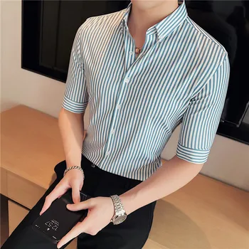 Мужская Летняя Модная Полосатая рубашка с коротким рукавом, Мужская Приталенная Высококачественная Деловая рубашка с отворотом Camisa Homme S-3XL