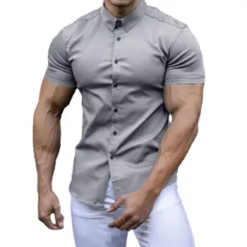 Мужские летние рубашки с лацканами и коротким рукавом, Однобортные облегающие эластичные деловые рубашки с защитой от морщин, топы для рабочей одежды