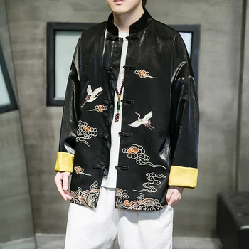 Осенние мужские куртки в китайском стиле с бархатной вышивкой, мужское пальто с воротником-стойкой на пуговицах, традиционная одежда Хань Тан