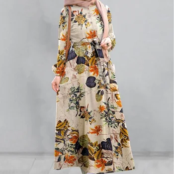 2023 Весеннее женское платье в национальном стиле с винтажным принтом, хлопковый льняной пояс, женские платья Maix, юбка трапециевидной формы с круглым вырезом, 2 шт. /компл.