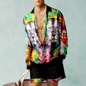Винтажный гавайский пляжный комплект, мужская повседневная уличная абстрактная рубашка с 3D-принтом и длинным рукавом, комплект из 2 предметов, дышащие свободные пляжные шорты, комплект