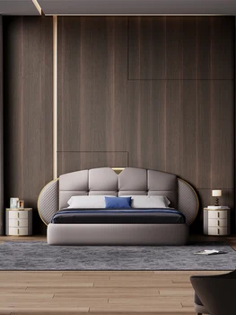 Итальянская минималистичная кожаная кровать, легкая роскошь, главная спальня в современном стиле, простая двуспальная кровать, высококачественная и атмосферная мягкая кровать